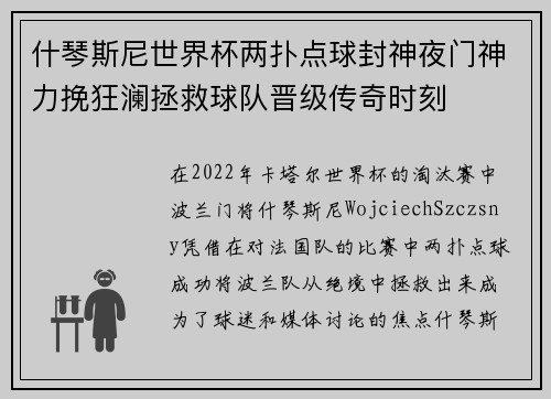 什琴斯尼世界杯两扑点球封神夜门神力挽狂澜拯救球队晋级传奇时刻