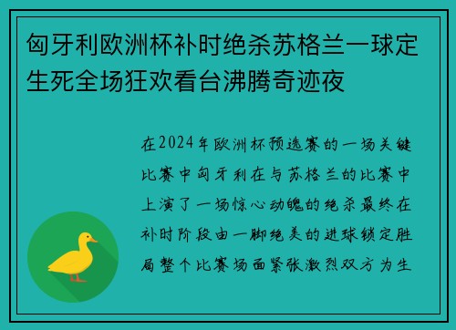 匈牙利欧洲杯补时绝杀苏格兰一球定生死全场狂欢看台沸腾奇迹夜